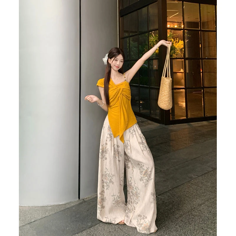 2025年夏季新款ins小众设计感小众不规则露肩吊带上衣高腰阔腿裤