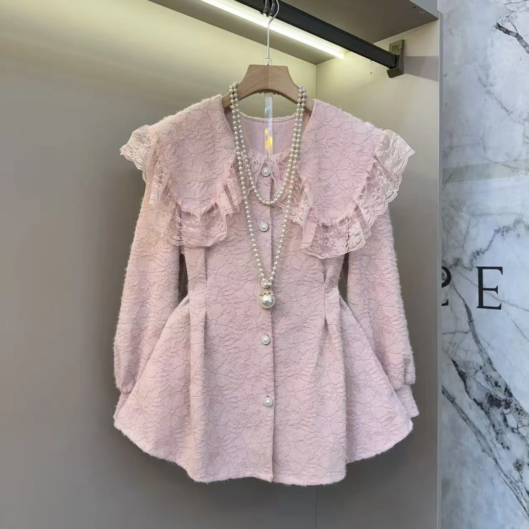 2025秋洋气时尚蕾丝显瘦重工娃娃领绝美显瘦胖mm百搭上衣26010