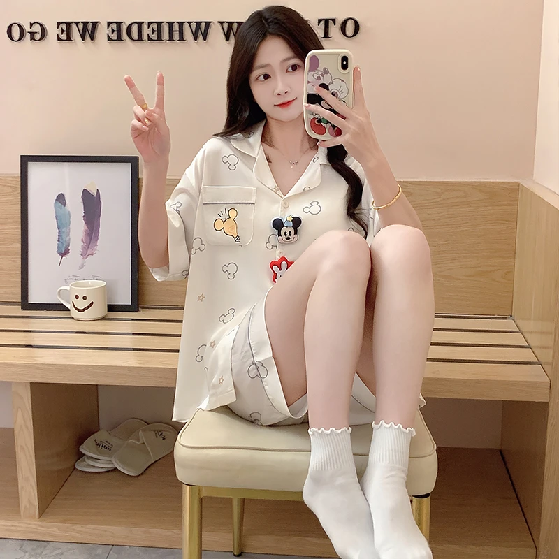 睡衣女冰丝凉感卡通可爱春夏薄款短袖短裤2025年家居服可外穿套装
