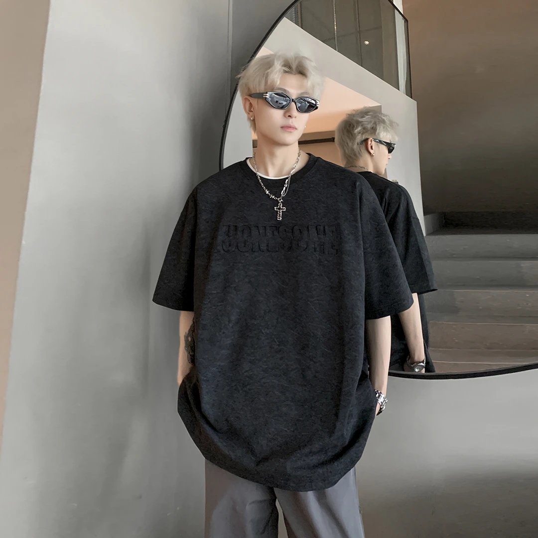 美式重磅高克重短袖t恤男夏季复古做旧高街潮牌5分袖男t恤短袖