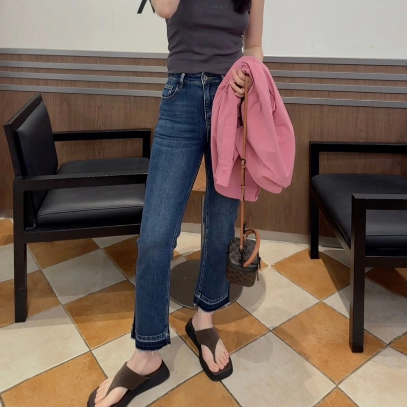 U/TI【MILIXU系列】丹宁牛仔蓝拼接风脚口小开叉高弹力牛仔萝卜裤