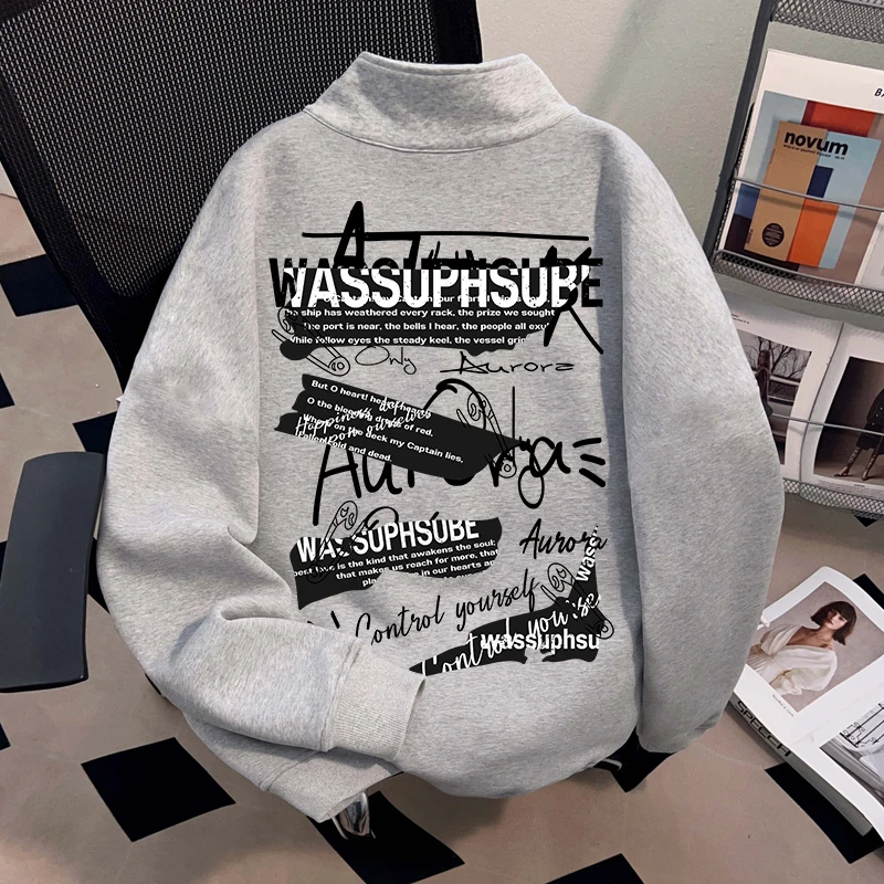 WASSUP HSUBE 美式潮牌立领卫衣男士重磅高街oversize灰色外套男