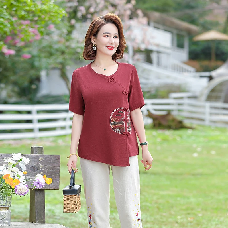 气质中年刺绣翻领薄款洋气中老年女装中国风妈妈装高档大码时尚