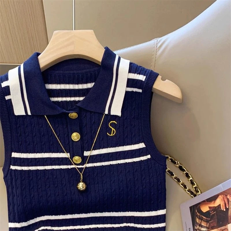 藏青色大码领无袖背心女针织新款韩版学院风盐系百搭显瘦上衣