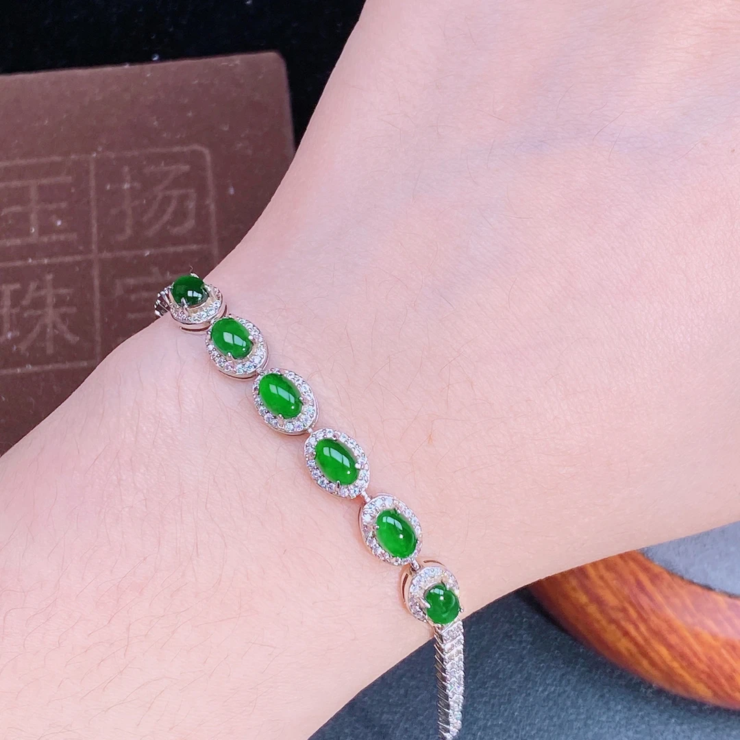 天然翡翠A货时尚设计款手链通体S925银镶嵌