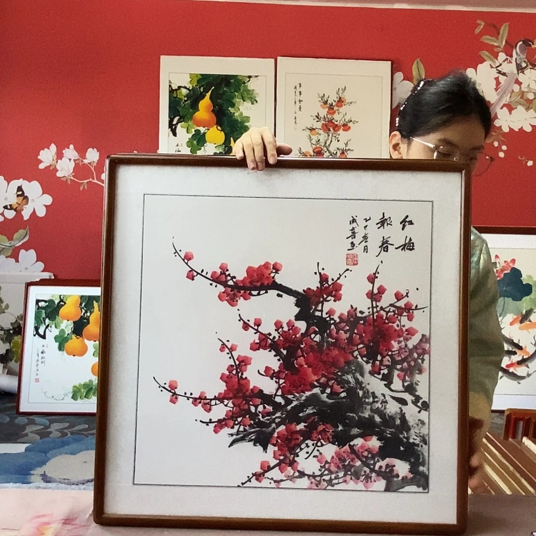 国画手写手绘国画作品带框包邮62✖️62