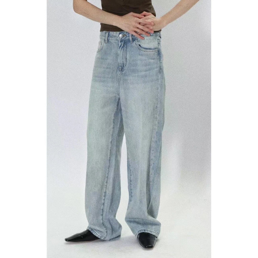 THESOONG|复古进口意大利洗水怀旧无弹中腰拉链阔腿牛仔裤女Z6659