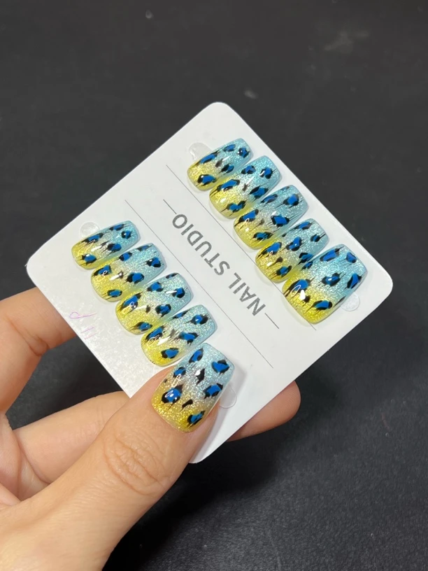 双色渐变豹纹猫眼纯手工穿戴甲短甲1504