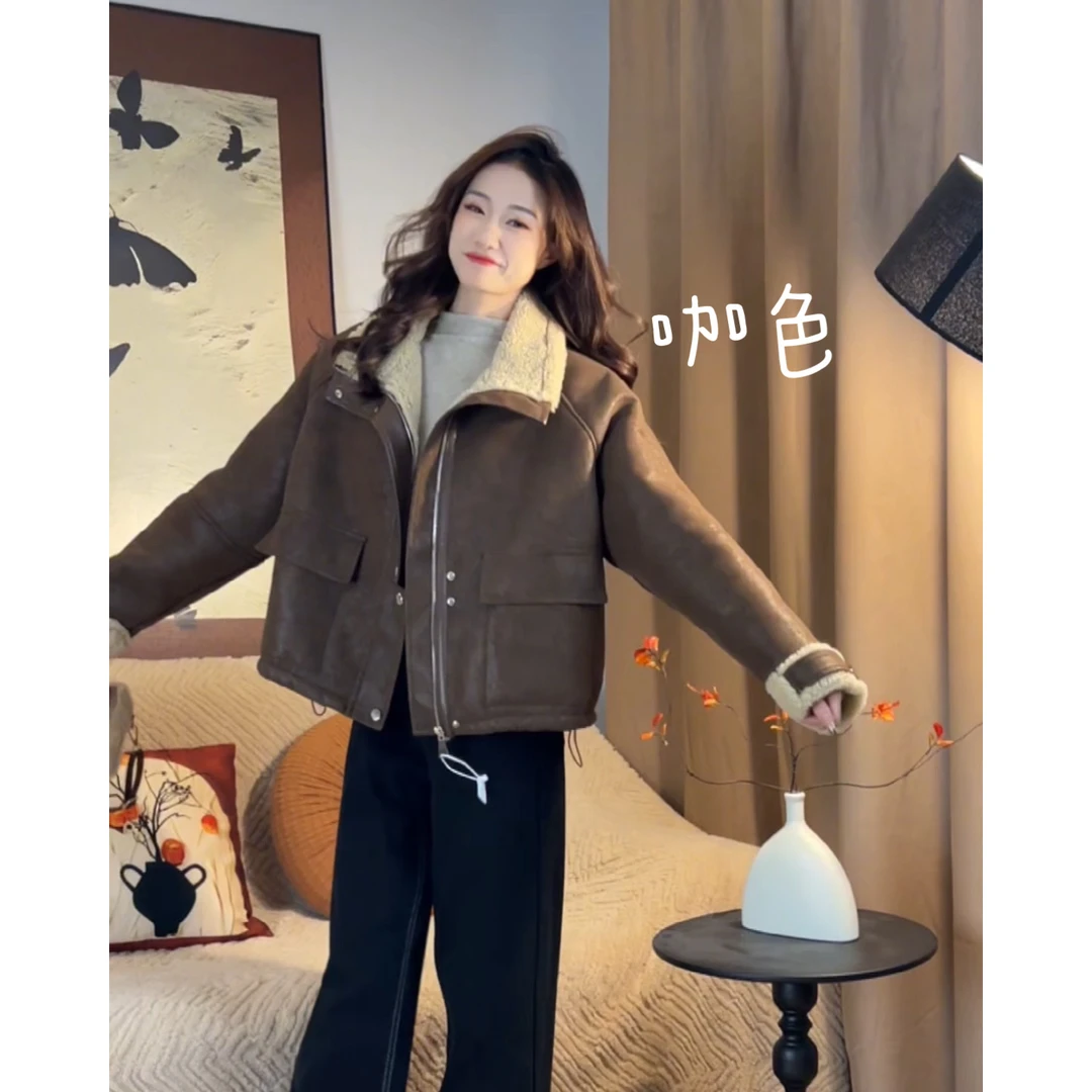 皮毛一体毛毛外套女2024新款冬季夹克骑行机车服