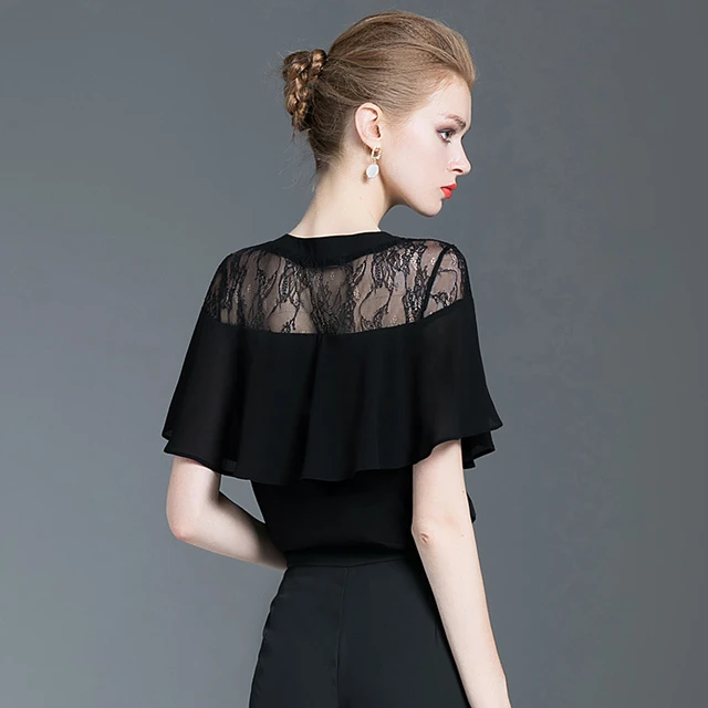 黑色蕾丝上衣女夏洋气v领荷叶边雪纺衫短袖2025新款夏装修身t恤女