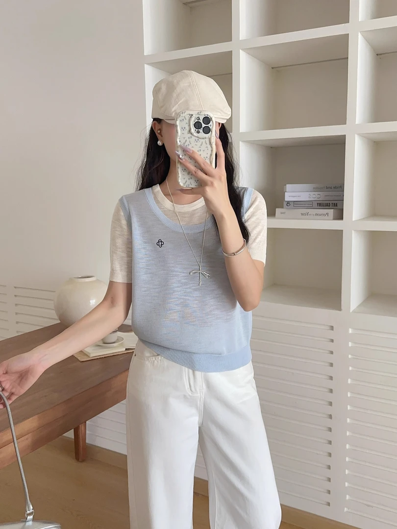 2025夏季新款显瘦气质韩版简约百搭韩系拼接假两件针织上衣J1-14