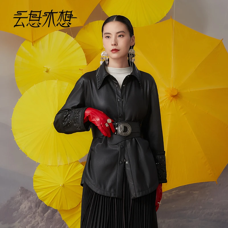 Ysimo-X云思木想 无双凤凰皮衣 珠片绣花蛋白皮皮衣外套女12275