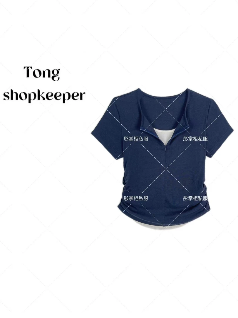 QJ/彤掌柜168711 夏款2025新款拼接设计师款显瘦修身百搭短袖