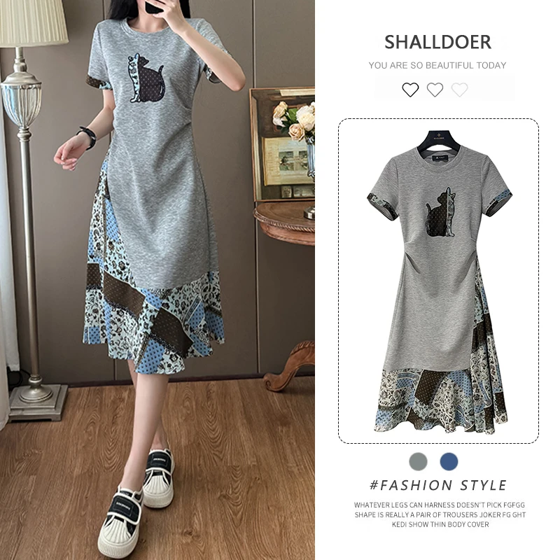 法式轻奢T恤开叉连衣裙女中长款高级夏季复古显瘦时尚气质长裙子