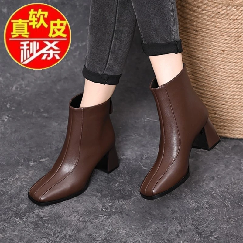品牌断码方头高跟短靴女显瘦马丁靴新款真皮加绒单靴粗跟瘦瘦靴女