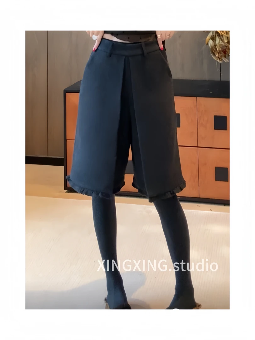 X.x.高端欧货冬季新款高级感木耳边拼接半松紧a字阔腿短裤女377