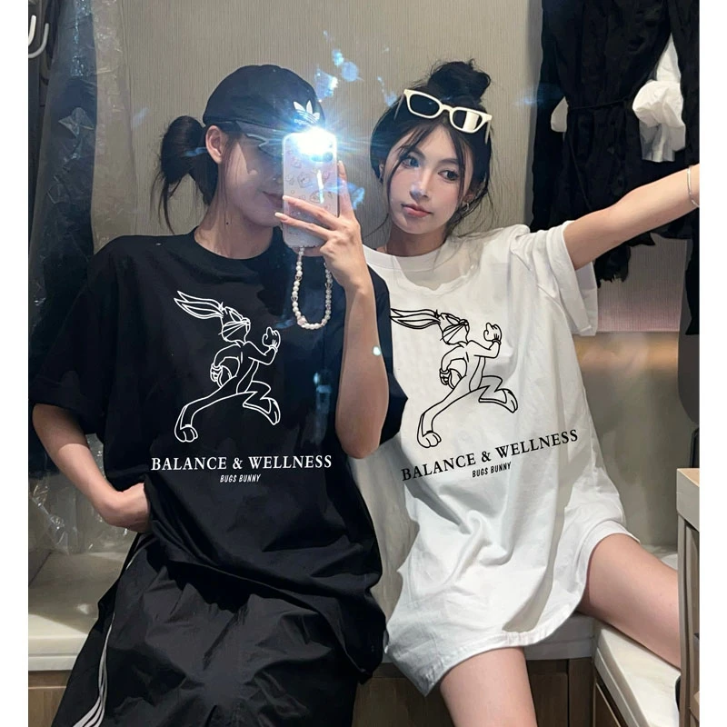 夏季240克纯棉短袖T恤显白显瘦男女款小兔图案宽松半袖衫百搭女装