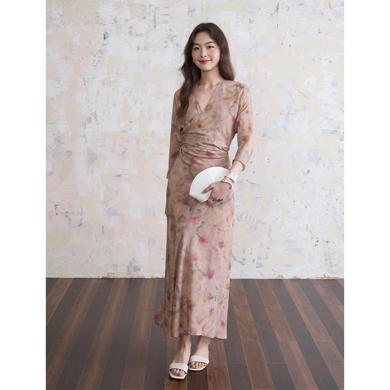 CKOUCCOO/扣蔻晕染水彩桑蚕丝真丝连衣裙女围裹式绑带收腰裙子