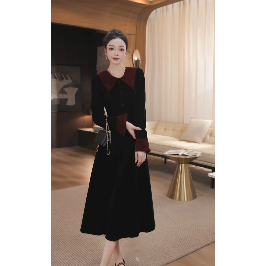 WWR 米粒-【丝绒奶芙】高腰红领拼接设计丝绒显瘦连衣裙-BV611Q