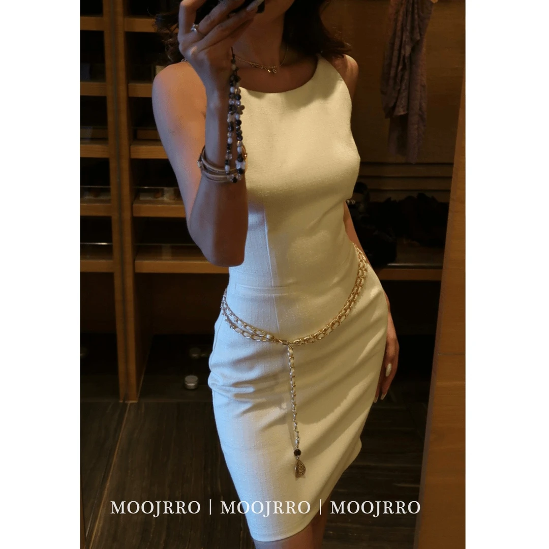 白色小香风背心连衣裙女夏季御姐纯欲高级感优雅气质收腰包臀短裙