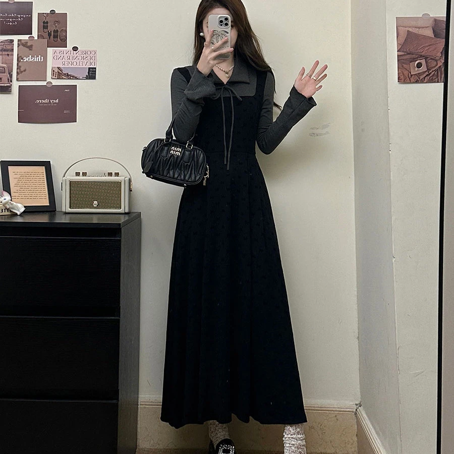 大码女装假两件内搭针织连衣裙女胖MM新款赫本风显瘦长裙