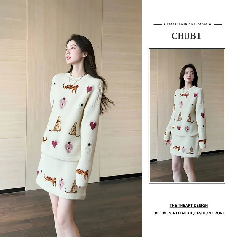 韩系针织套装女2025新款秋冬慵懒风穿搭卡通印花上衣半身裙两件套