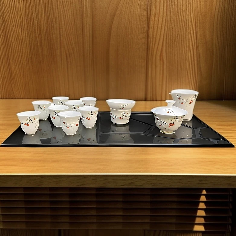 羊脂玉茶台茶具套装家用泡茶功夫茶台茶具高档德化白瓷茶杯描金