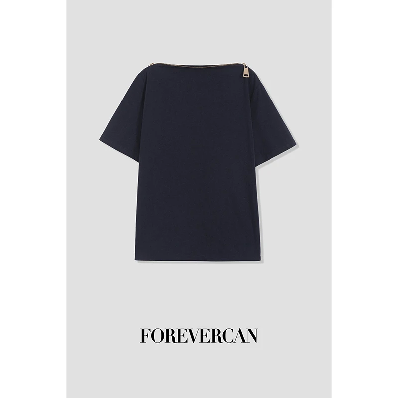 FOREVERCAN“北岛秘境”结构主义100棉一字肩短袖T恤上衣 ST21730