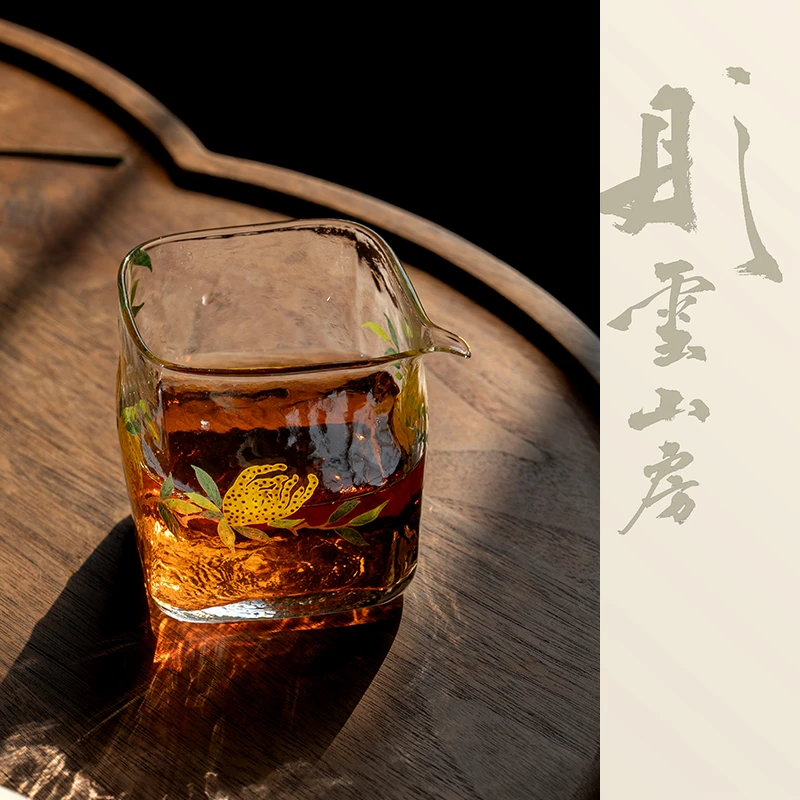 彤云山房玻璃手绘珐琅佛手矮四方锤纹公道杯景德镇手工手绘茶具