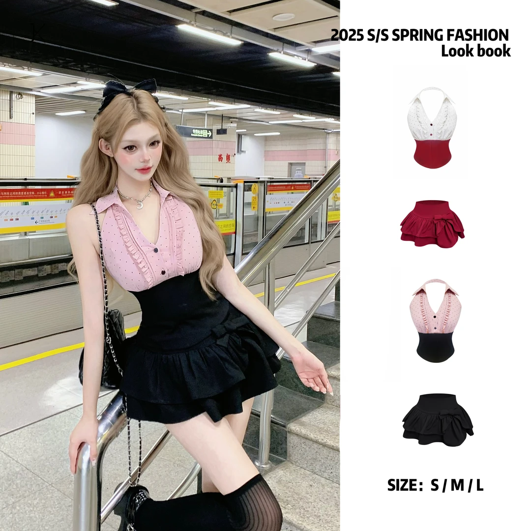 JOY KIKI鹅了么【古早千金】御姐拼接波点原创无袖少女衬衫 J25B597