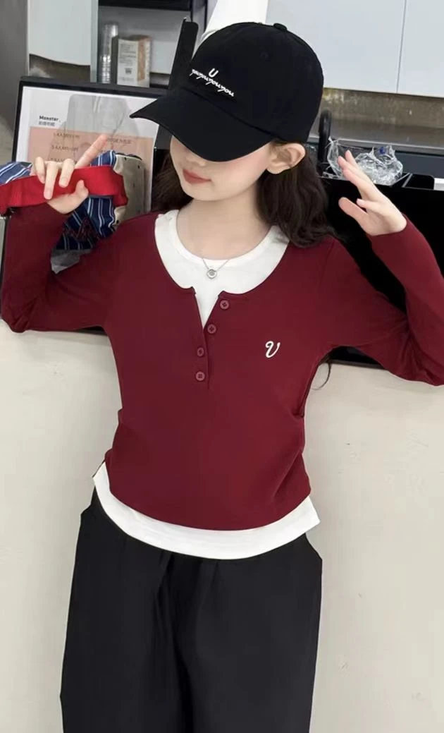 女童t恤长袖春秋装2025新款儿童假两件上衣女孩大童超好看打底衫