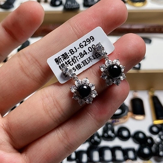 银S925镶嵌翡翠耳饰缅甸天然a货墨翠