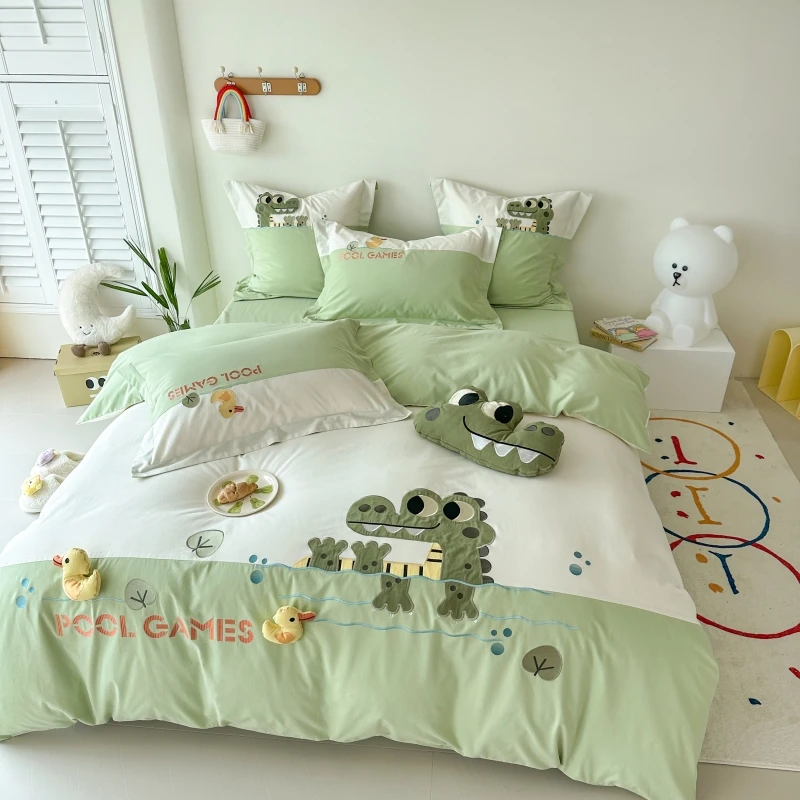 水星高端系列家纺可爱卡通鳄鱼刺绣加厚磨毛全棉纯棉儿童床上用品