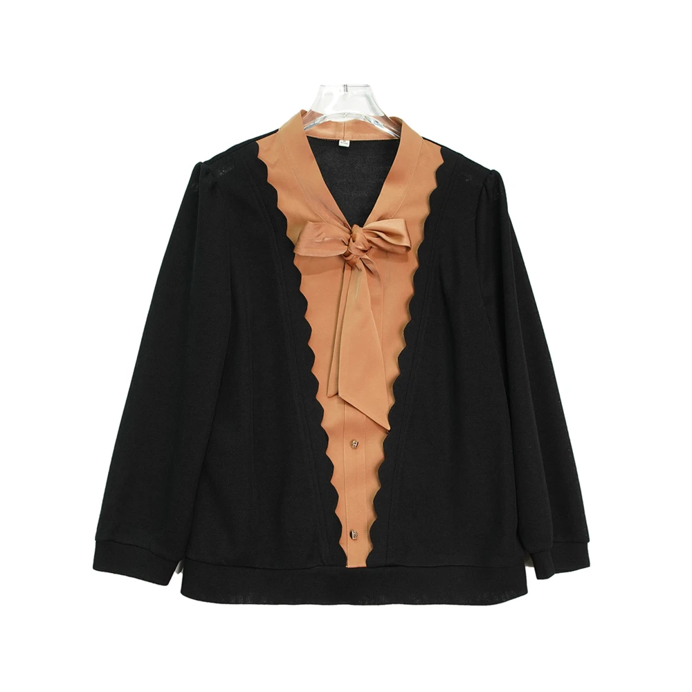 X2412【新款】高级感设计飘带V领拼接纽扣气质温柔百搭衬衫