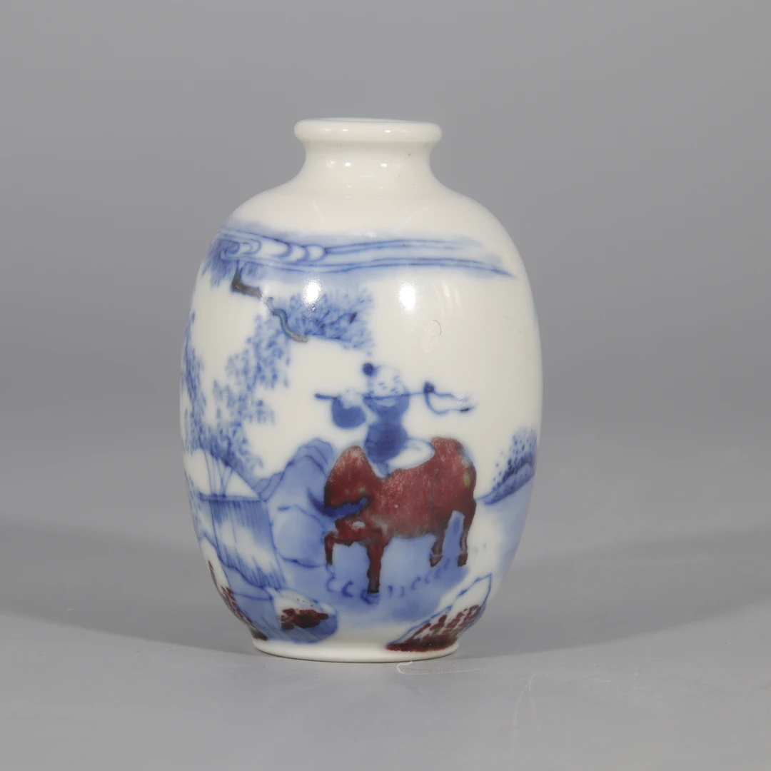 青花釉里红牧童遥指杏花村鼻烟壶    H412-476