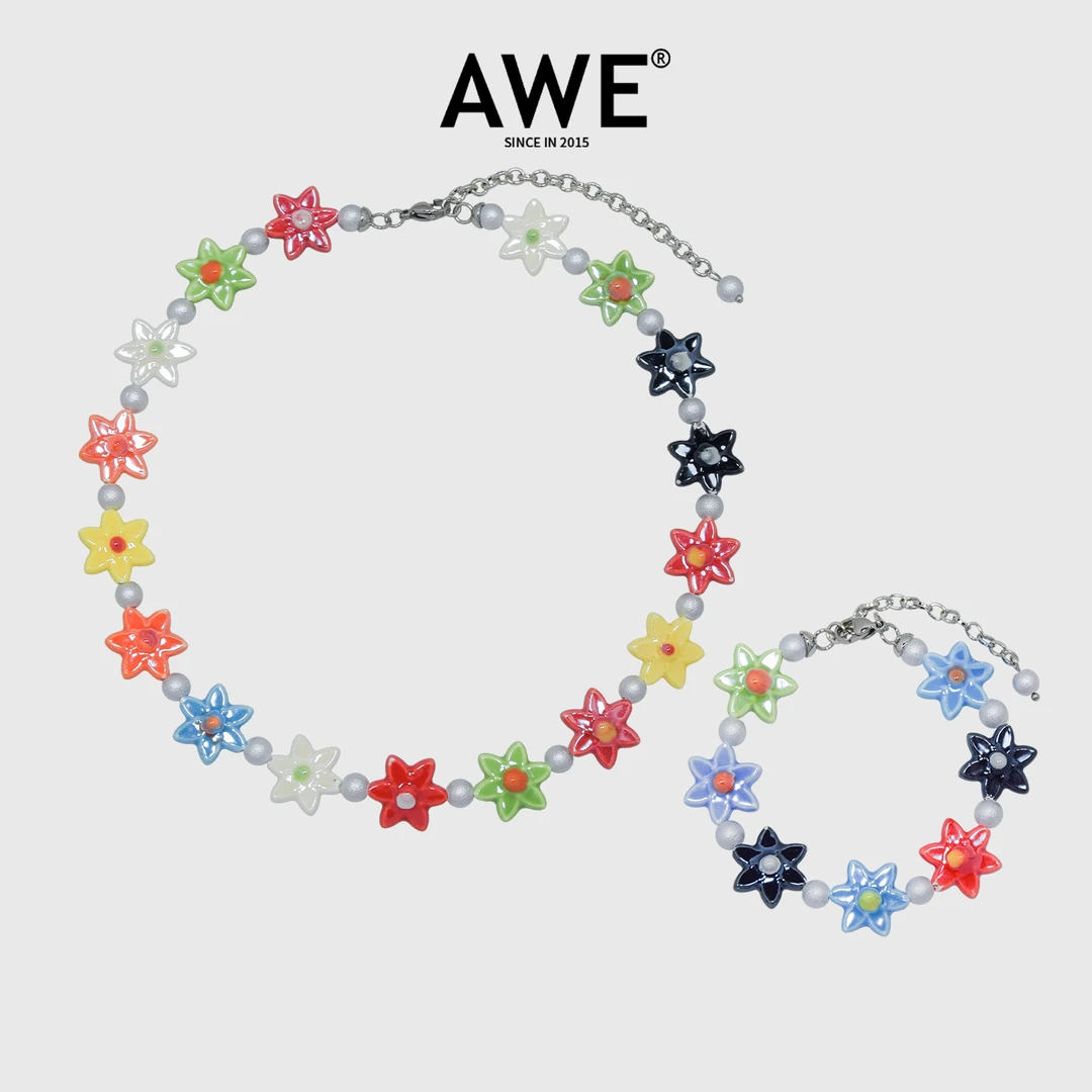 AWE 钛钢陶瓷项链 彩色伯利恒之星陈奕恒陈浚铭同款花朵锁骨链女