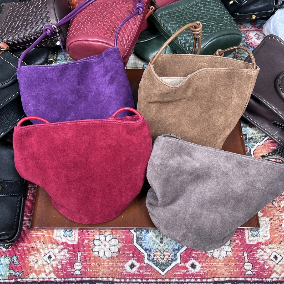 瑜唐  头层牛皮高光磨砂麂皮经典百搭抽绳水桶