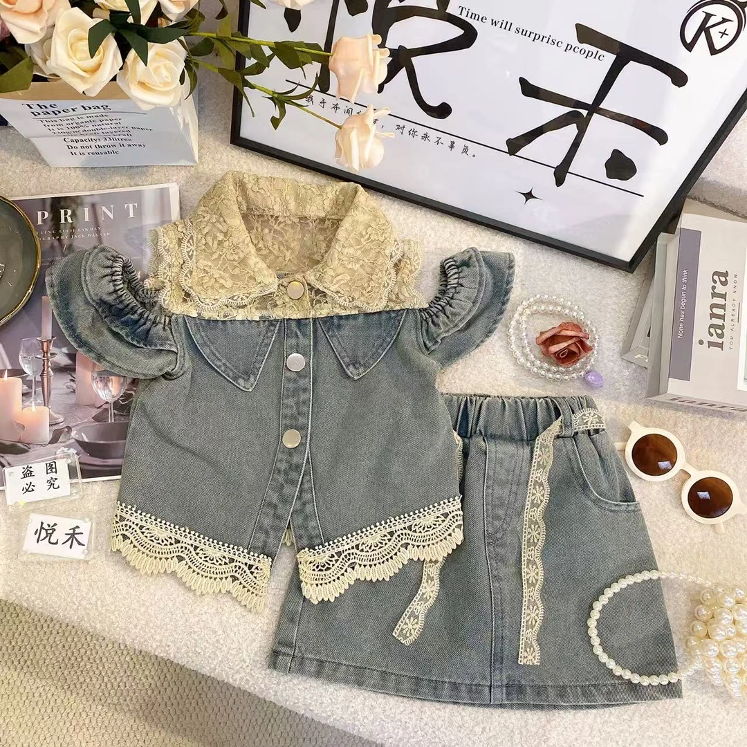 SH【悦禾】女童韩版套装时尚夏季新款女宝蕾丝休闲洋气儿童套装8977