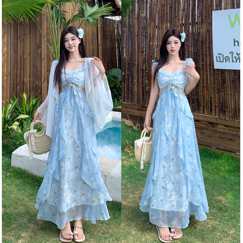 大码【蝶舞星河】优雅少女风蝴蝶亮片吊带裙洋气仙女法式长裙子开衫