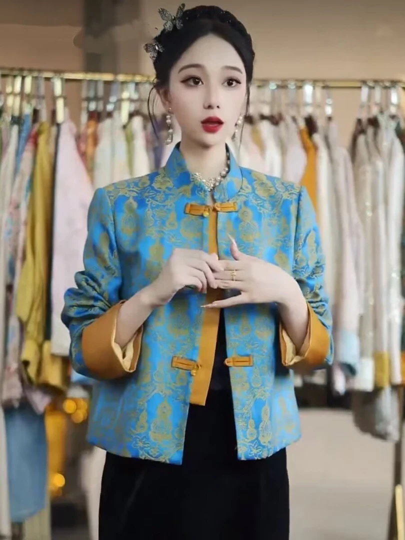 新中式国风短款外套女2025秋季新款百搭时尚洋气印花立领盘扣上衣