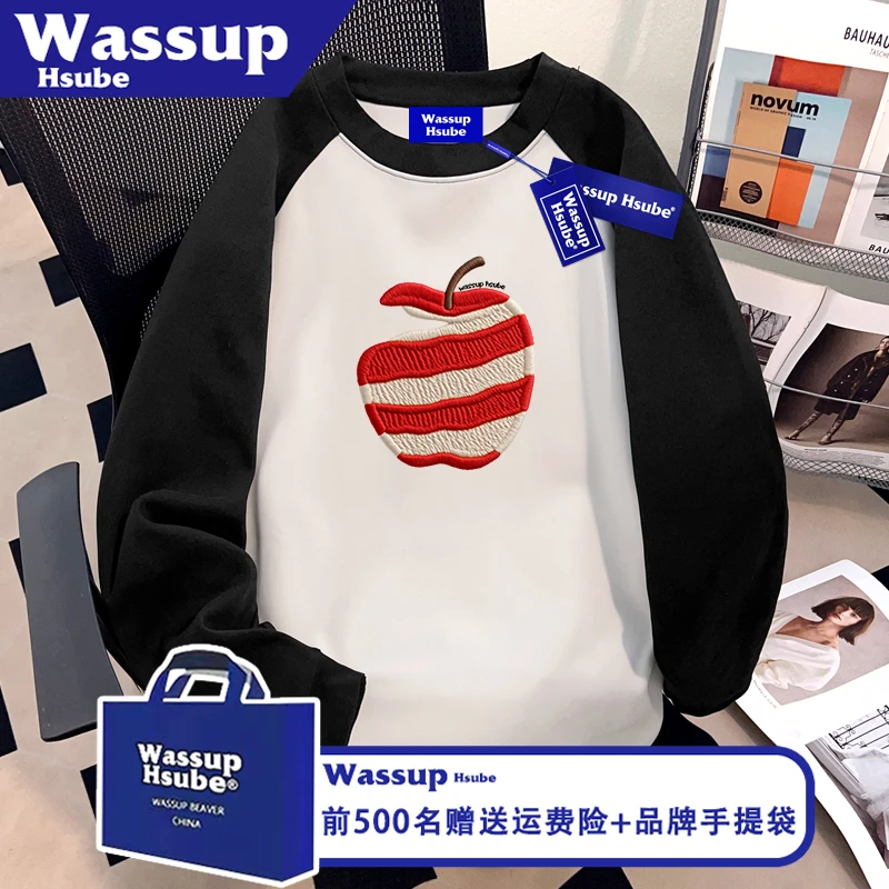 WASSUP HSUBE秋男女插肩上衣100%纯棉ins撞色长袖削皮苹果印花T恤