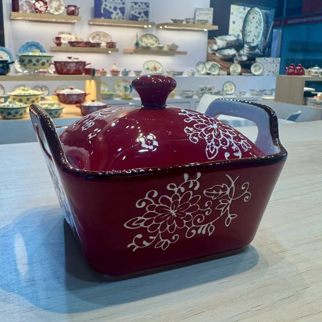 出西欧青藤花系列陶瓷带盖方形炖盅双耳