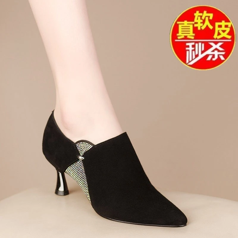 品牌断码真软皮高跟鞋女春秋细跟尖头皮鞋2025年新款真皮深口单鞋