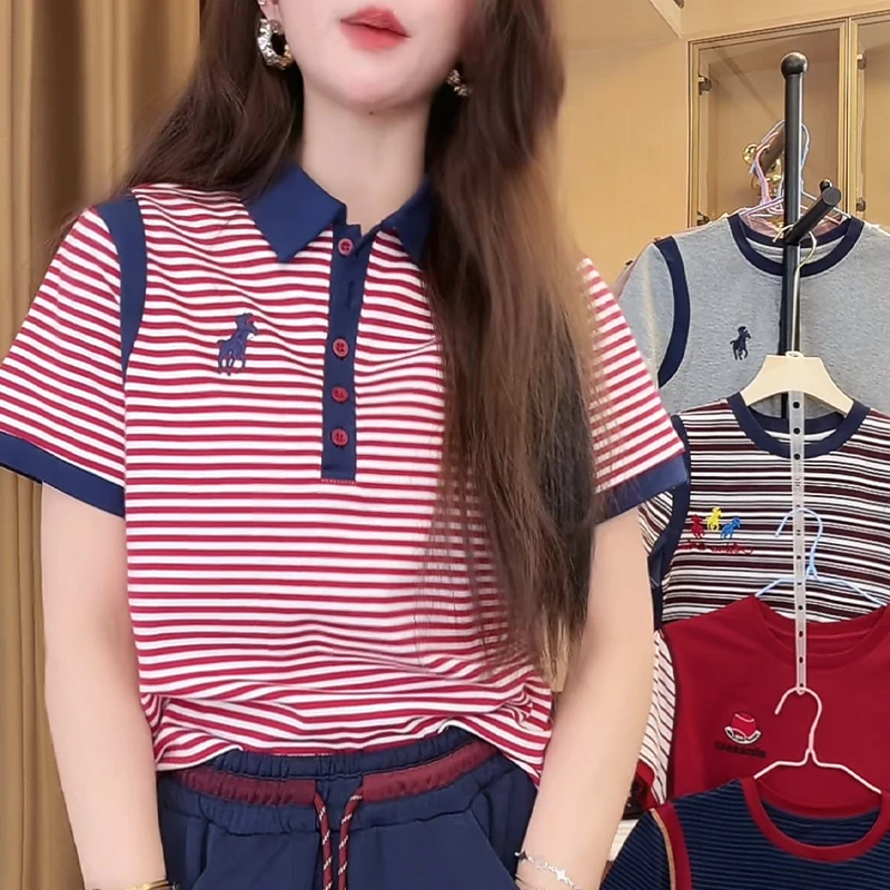 撞色条纹小马刺绣字母POLO短袖T恤女2025夏季新款时尚百搭上衣