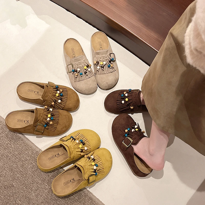 【退货补运费】厚底内增高女拖鞋流苏软底波西米亚风包头复古勃肯鞋