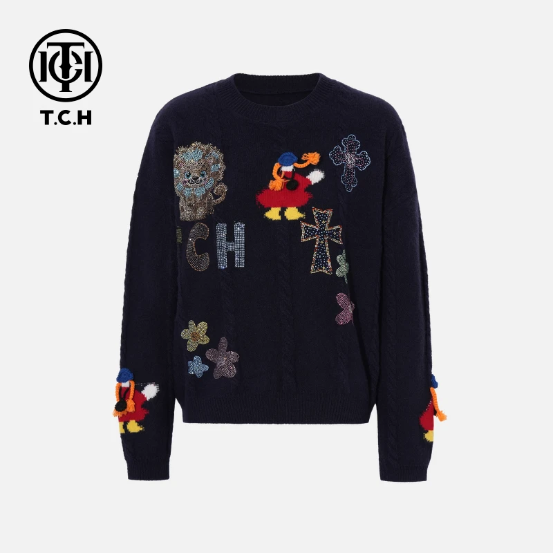 TCH【绵羊毛】秋冬百搭时尚烫钻藏青色女装长袖针织衫T75D09E1131