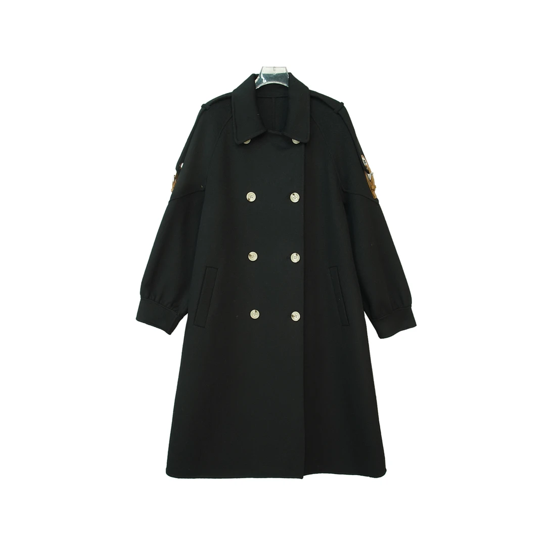 E22111【冬季新款】时尚黑色翻领双排扣百搭款大衣