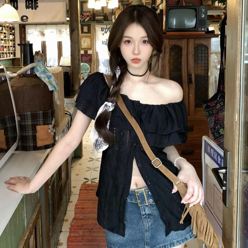 大码一字肩衬衫女夏季胖mm显瘦设计感小众开叉小衫纯欲辣妹上衣