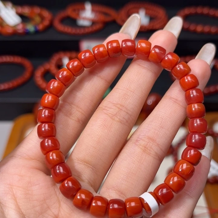 南红玛瑙未镶嵌手链满肉柿子红玫红双色7mm精工直切