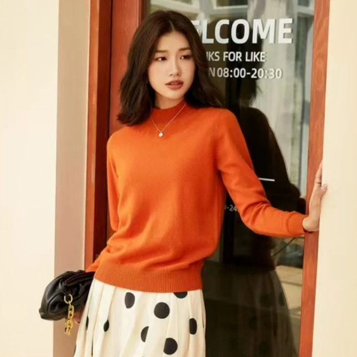 无缝一体山羊绒25秋冬新款半高领毛衣减龄洋气女羊毛衫5256（O）